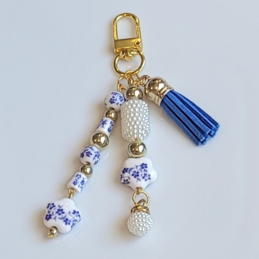 New Gold and Blue Floral (Ceramic) Beaded Keychain Or Purse Charm
